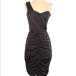 LAILA AZHAR SILK NAVY RUSHED DRESS SIZE M .